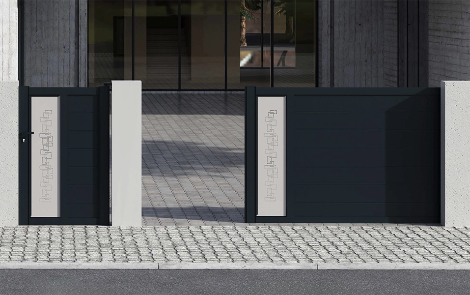 Portail battant et portail coulissant en aluminium installés au Luxembourg avec motorisation automatique et design moderne