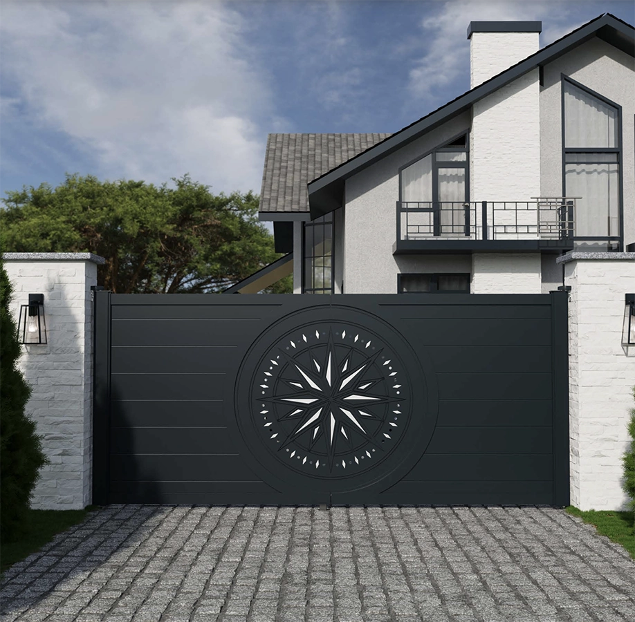 Portail coulissant design en aluminium noir installé au Luxembourg avec motorisation automatique et système sécurisé