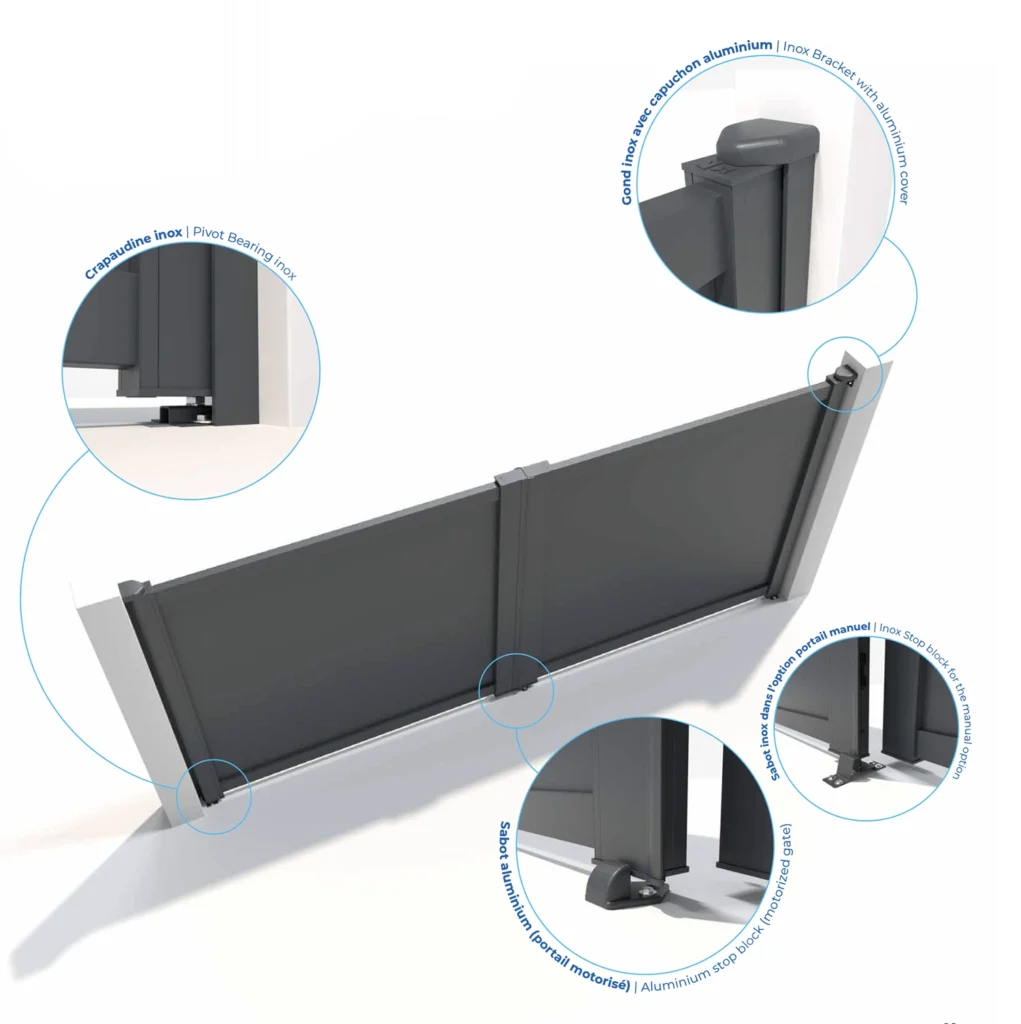 Détails techniques d’un portail battant en aluminium avec composants et fixations